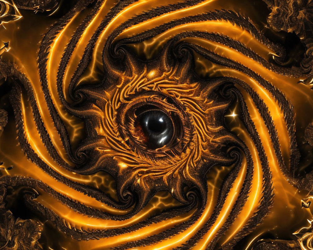 Intricate Black and Gold Fractal Pattern with Central Eye Design