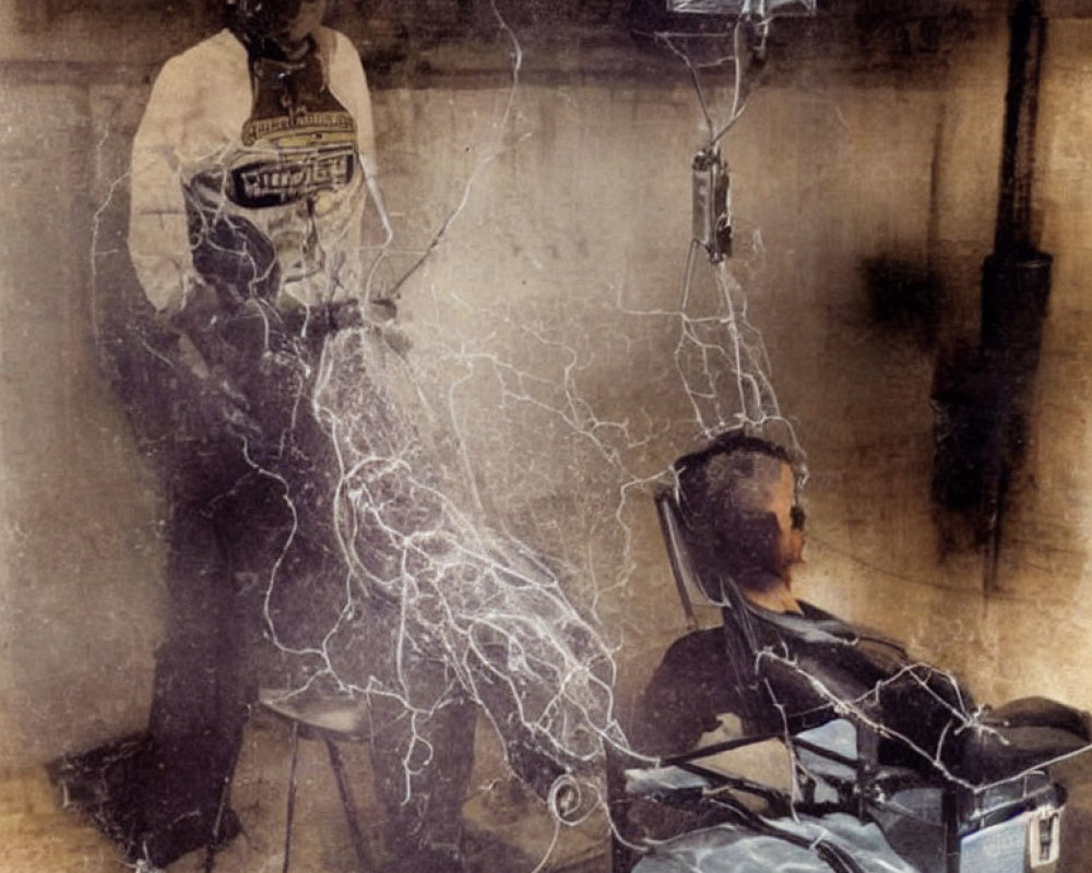 Vintage Image of Old-Fashioned Hair Salon with Stylist and Elaborate Hair Dryer