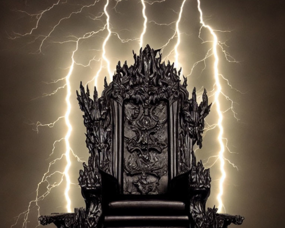 Gothic-style black throne against dramatic lightning backdrop