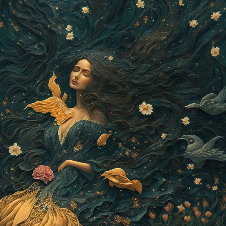 Illustrated woman with flowing hair and nature elements in deep blues and warm golden hues