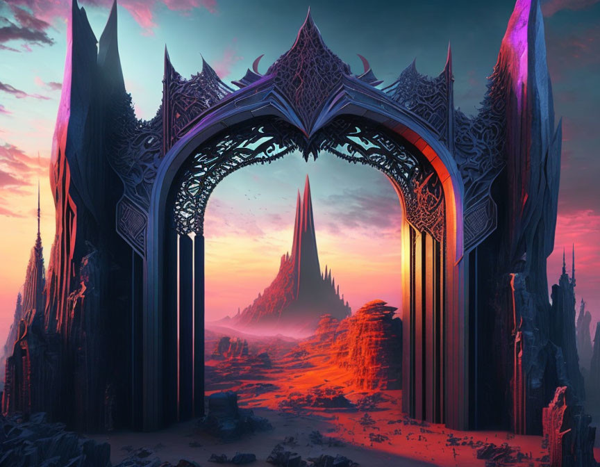 Ornate alien gateway in fantastical crimson landscape