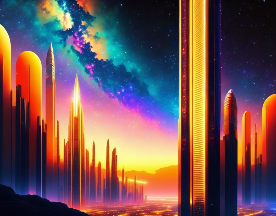 Futuristic cityscape with glowing skyscrapers under starry sky