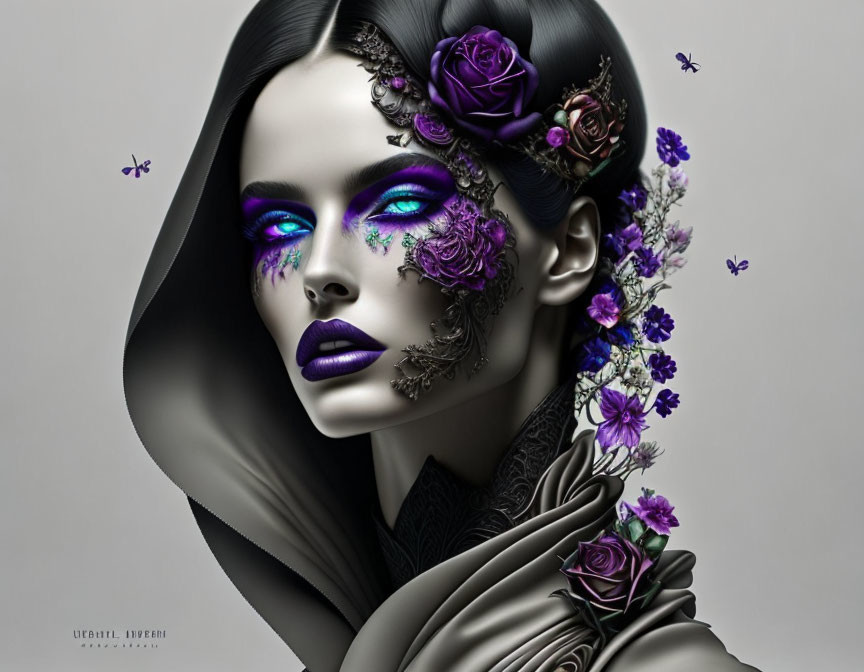 Monochromatic portrait of woman with blue eyes and purple floral makeup