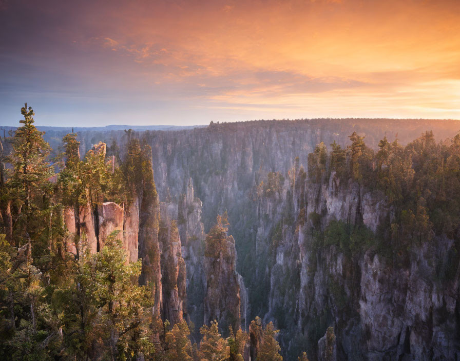 Scenic sunset over rugged canyon and forest.