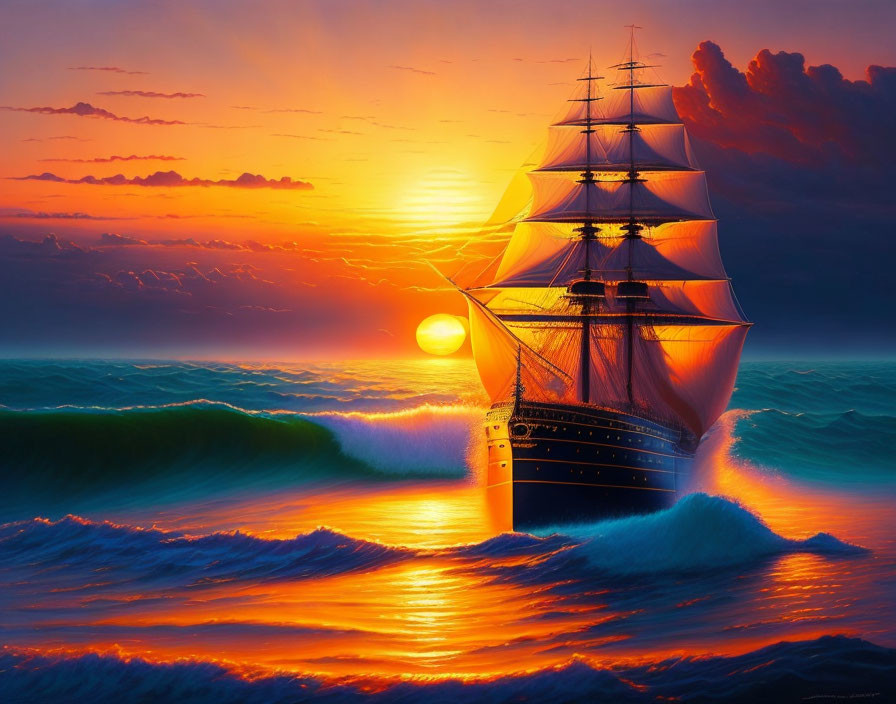 Sailing ship on ocean waves at sunset with vibrant hues