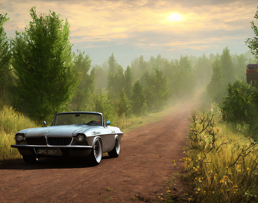 Vintage Convertible Car on Dusty Rural Road at Sunset