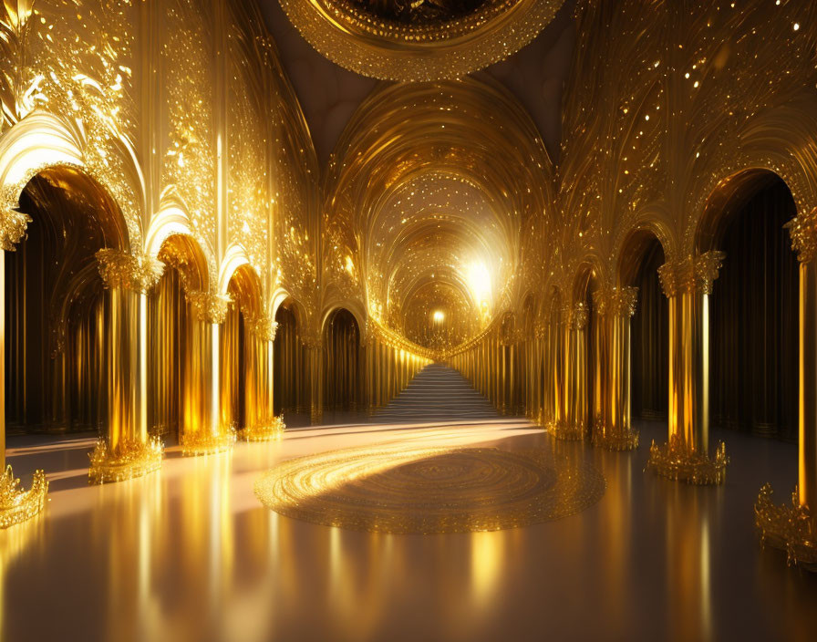 Opulent hallway with golden arches, pillars, and warm light.