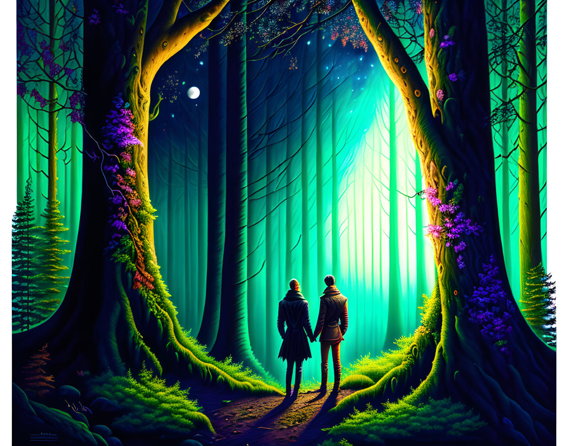 Silhouetted figures in vibrant mythical forest with glowing trees