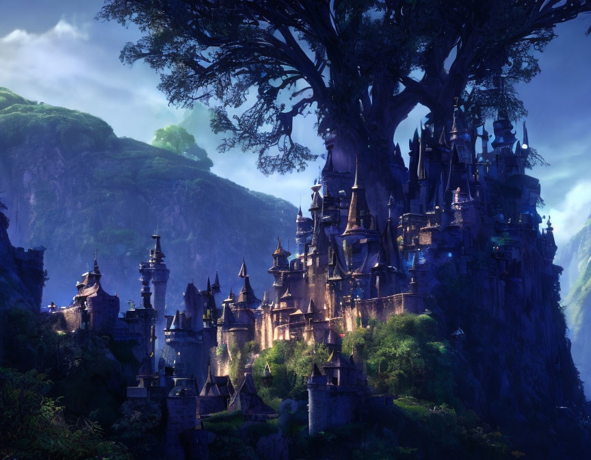 Enchanted castle integrated into massive tree in twilight landscape