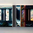 Stylized Mountain Landscape Triptych with Day-to-Night Transition on Canvas