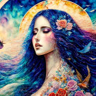 Colorful digital portrait of woman with blue floral hair, golden moon, and butterflies