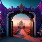 Ornate alien gateway in fantastical crimson landscape