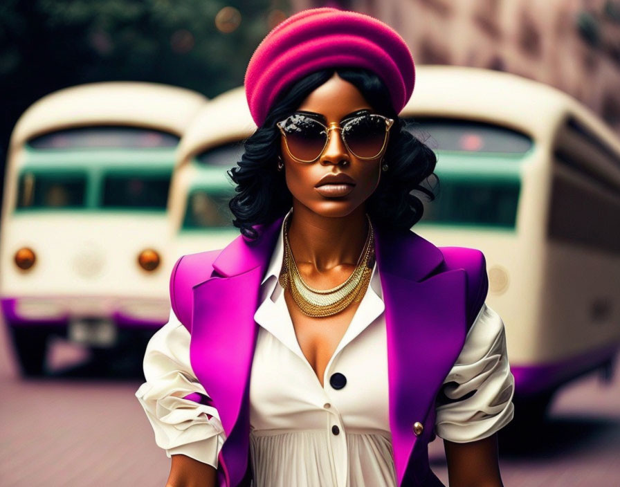 Fashionable Woman in Pink Beret and Purple Blazer with Vintage Buses