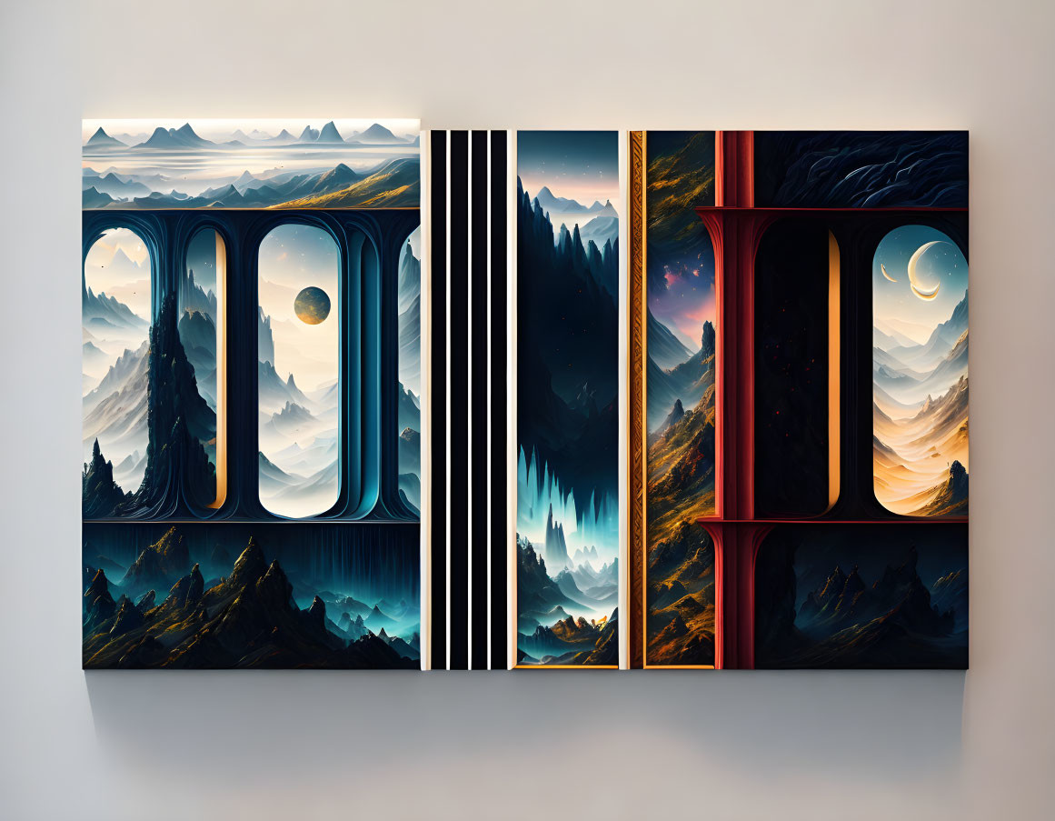 Stylized Mountain Landscape Triptych with Day-to-Night Transition on Canvas