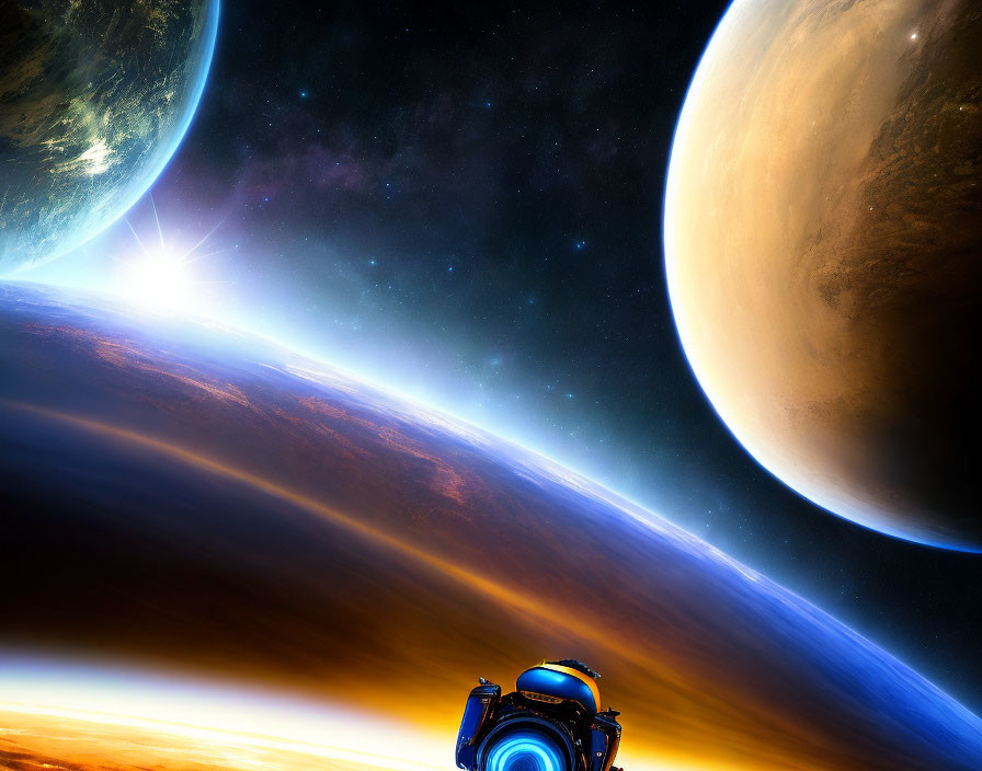 Colorful space scene with blue and orange planet, two large planets, and bursting starlight