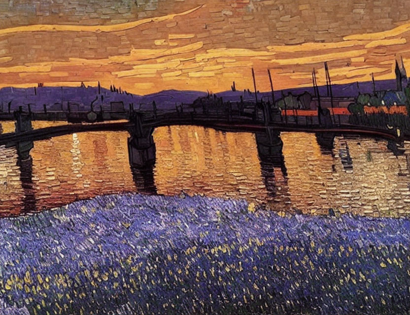 Sunset painting of bridge over water with orange skies and silhouetted buildings