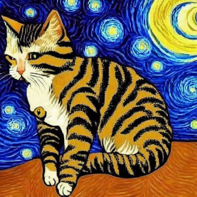 Tiger-striped cat against vibrant "Starry Night" backdrop