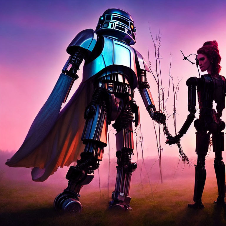 Stylized robots with cape holding hands in serene meadow under pink and purple sky