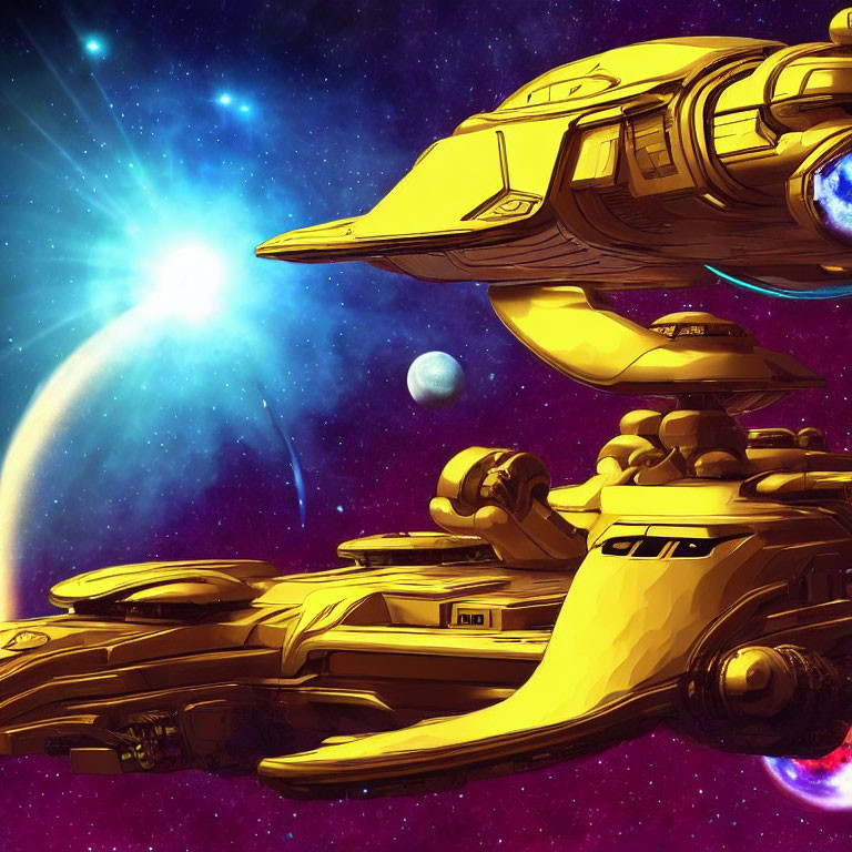 Golden Spaceship with Intricate Designs in Space with Blue Star and Planets