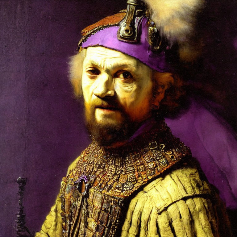 Elaborate Renaissance attire portrait with jeweled hat and ornate garment