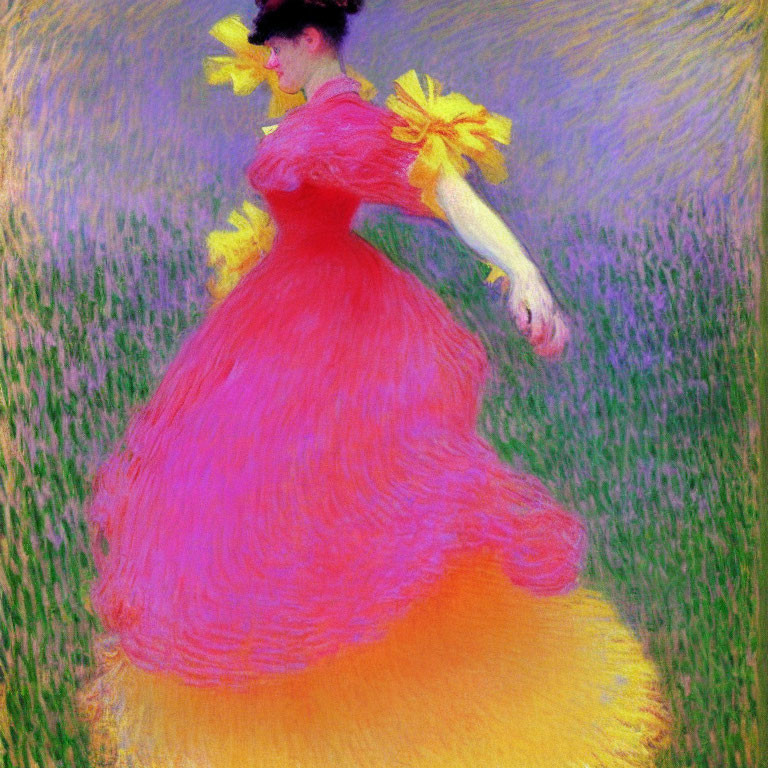 Woman twirls in vibrant pink dress on green field