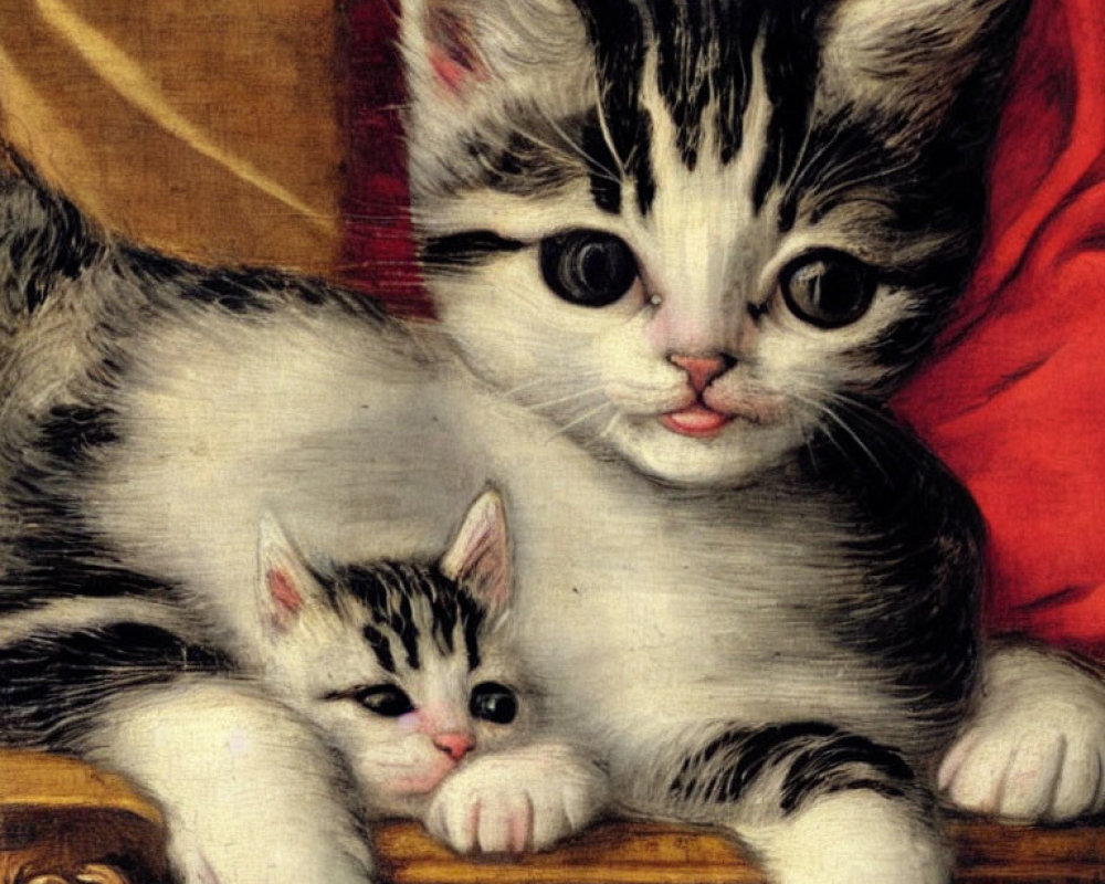 Two black and white kittens cuddling on red background