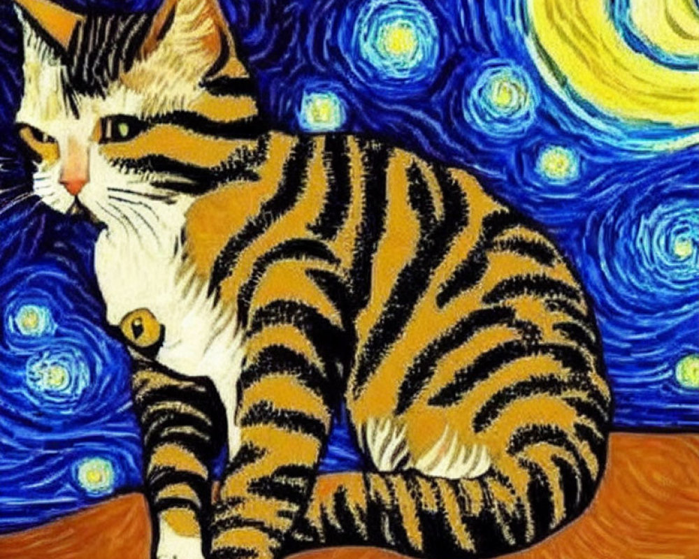 Tiger-striped cat against vibrant "Starry Night" backdrop