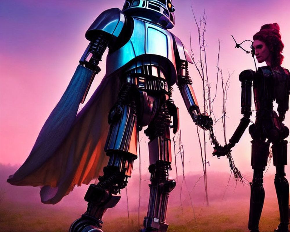 Stylized robots with cape holding hands in serene meadow under pink and purple sky