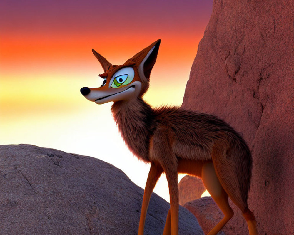 Exaggerated 3D animated sly fox against rock and sunset sky