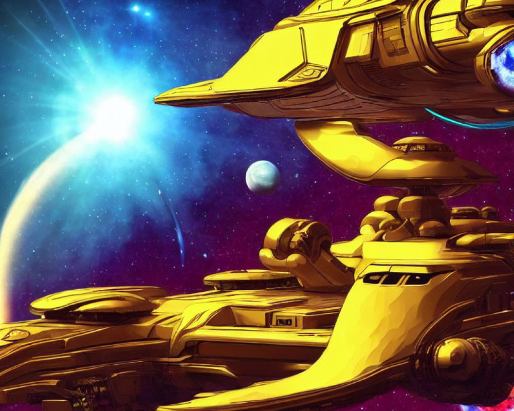 Golden Spaceship with Intricate Designs in Space with Blue Star and Planets