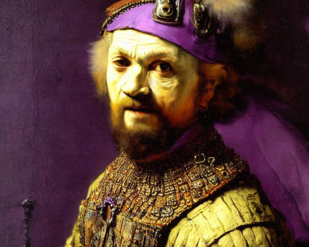 Elaborate Renaissance attire portrait with jeweled hat and ornate garment