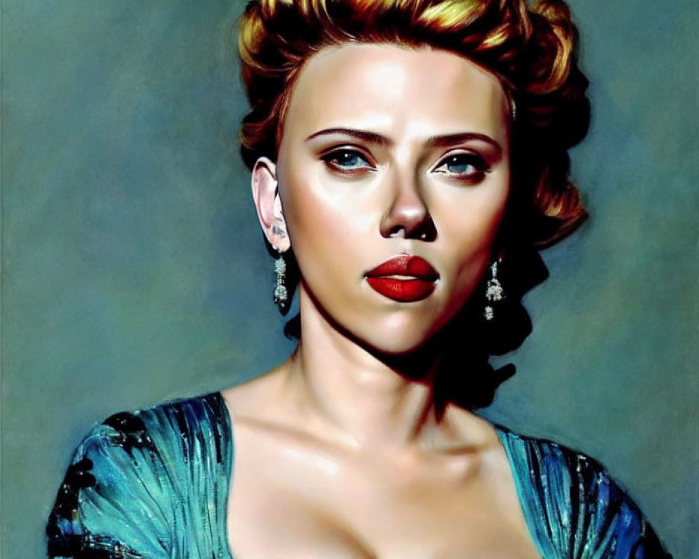 Blonde woman in teal dress with red lips and updo.