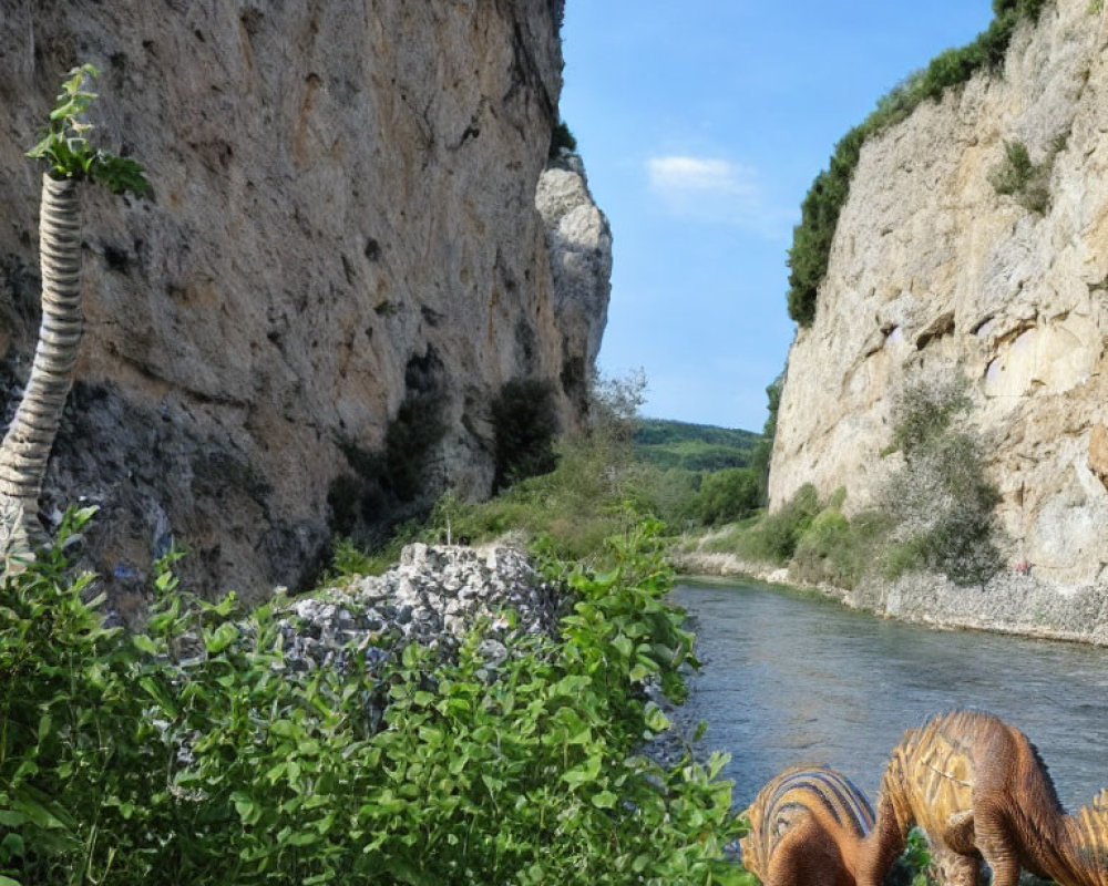 Tranquil river between rocky cliffs with lush green foliage and model dinosaurs