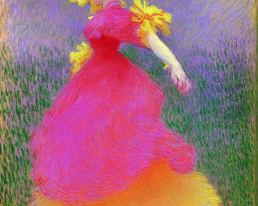 Woman twirls in vibrant pink dress on green field