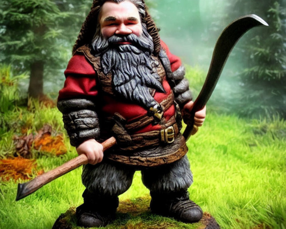 Smiling dwarf figurine with axe on tree stump in forest