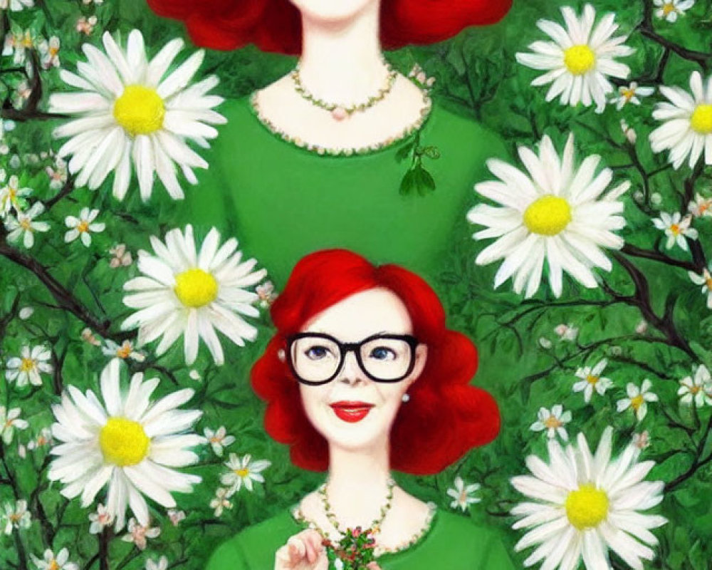 Colorful illustration of woman with red hair and glasses in green attire among white daisies