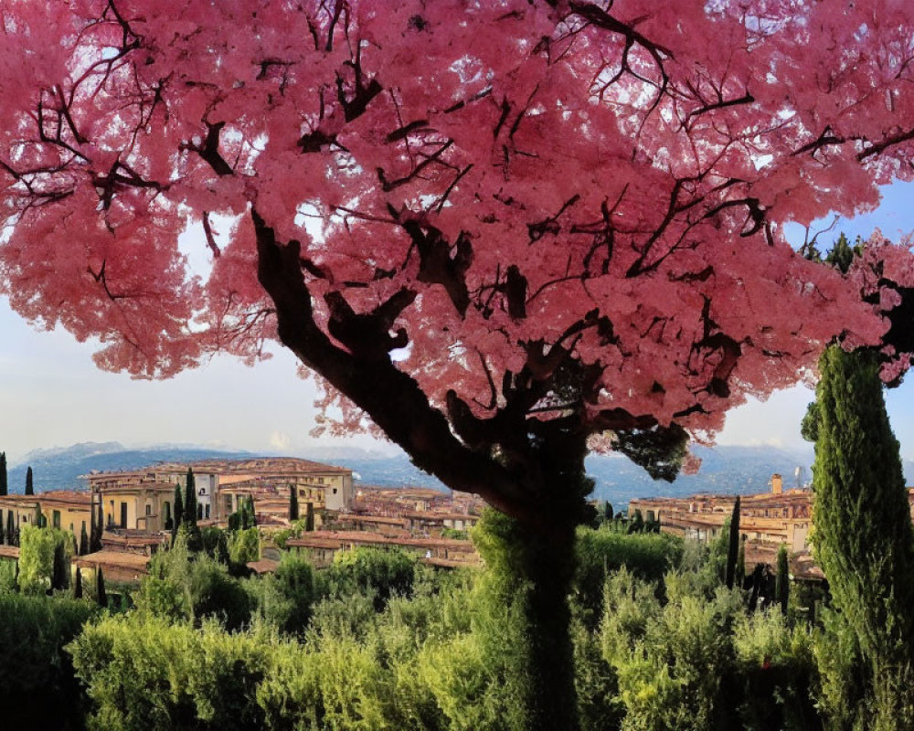 Pink blooming tree against green hills and rustic buildings under blue sky