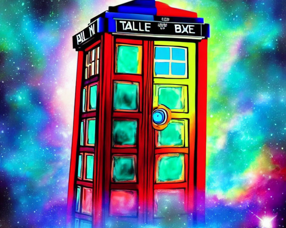 Red Police Box Illustration on Cosmic Background