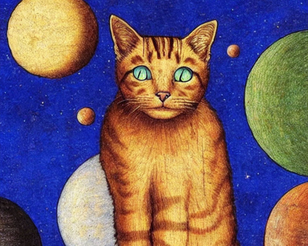 Tabby Cat with Blue Eyes in Cosmic Setting