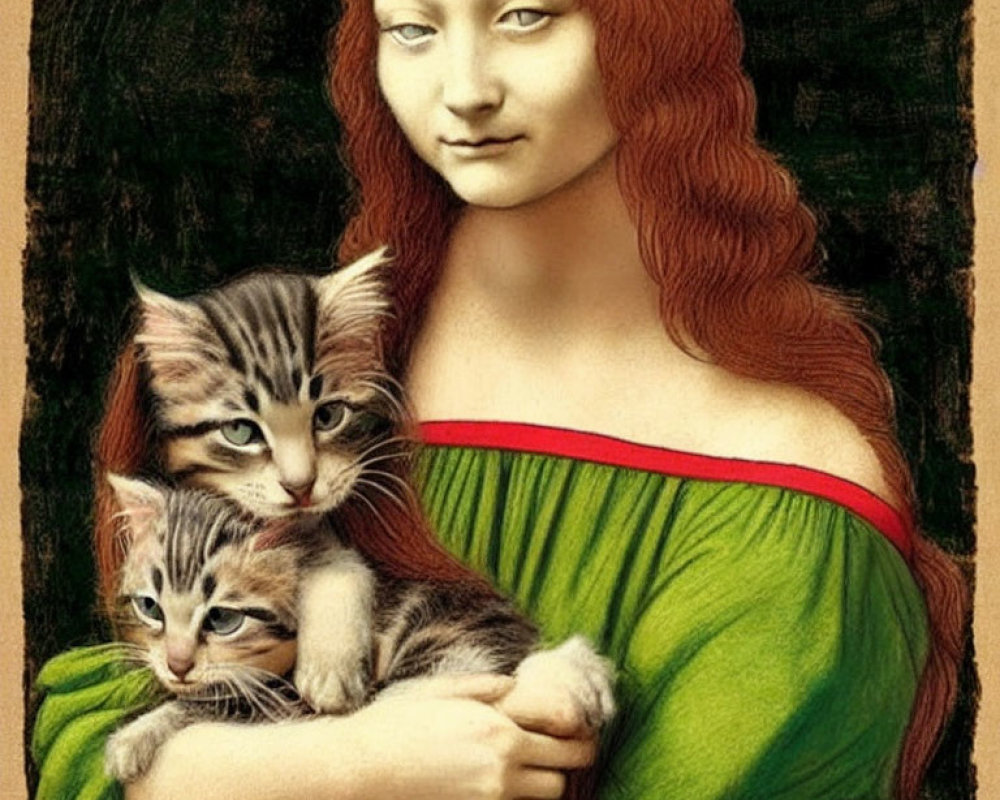 Red-haired woman in green dress cuddles kittens with a gentle smile