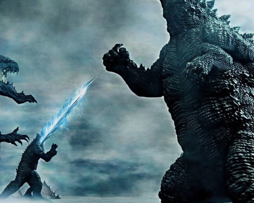 Giant Godzilla roars with blue atomic breath in stormy battle