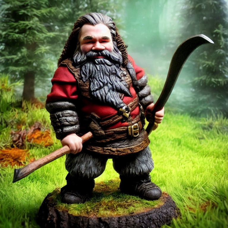 Smiling dwarf figurine with axe on tree stump in forest