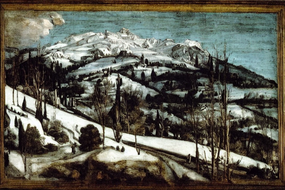 Snow-covered hills, bare trees, and mountain range in somber landscape.