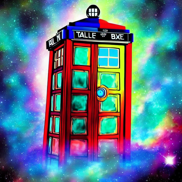 Red Police Box Illustration on Cosmic Background