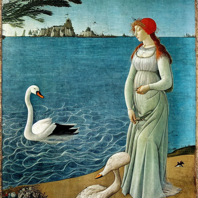 Woman in white dress by lake with swans and castle in background