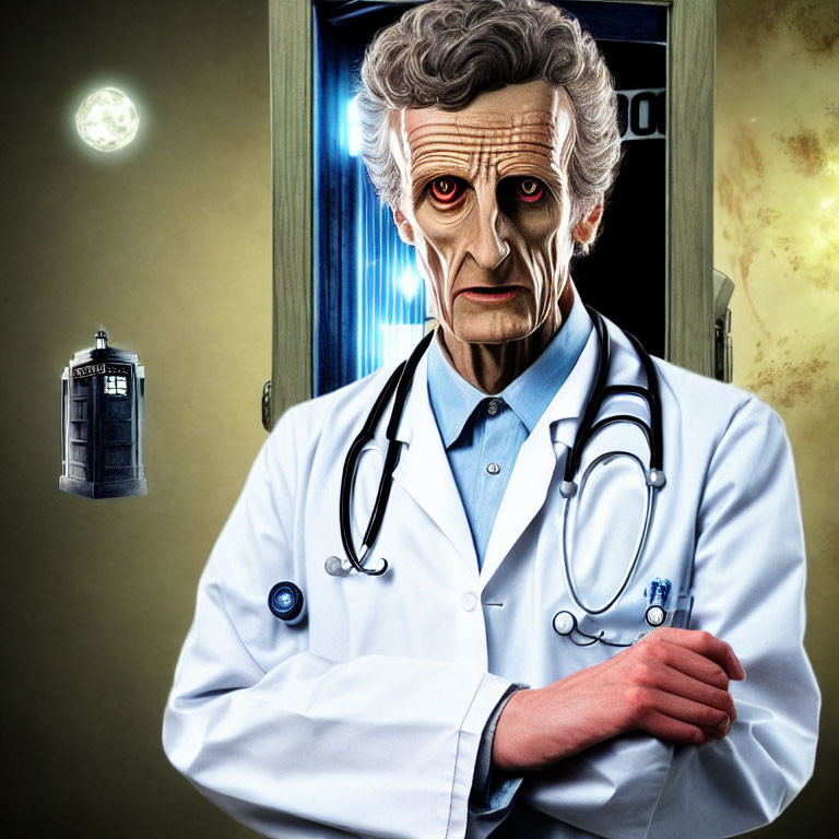 Detailed illustration of stern-faced man in doctor's coat with stethoscope by TARDIS door and