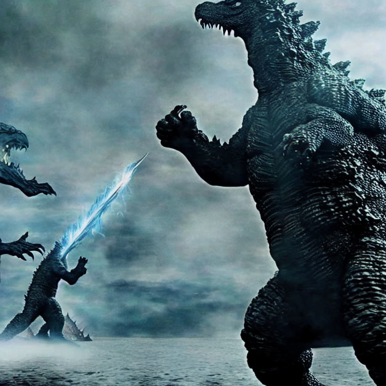 Giant Godzilla roars with blue atomic breath in stormy battle