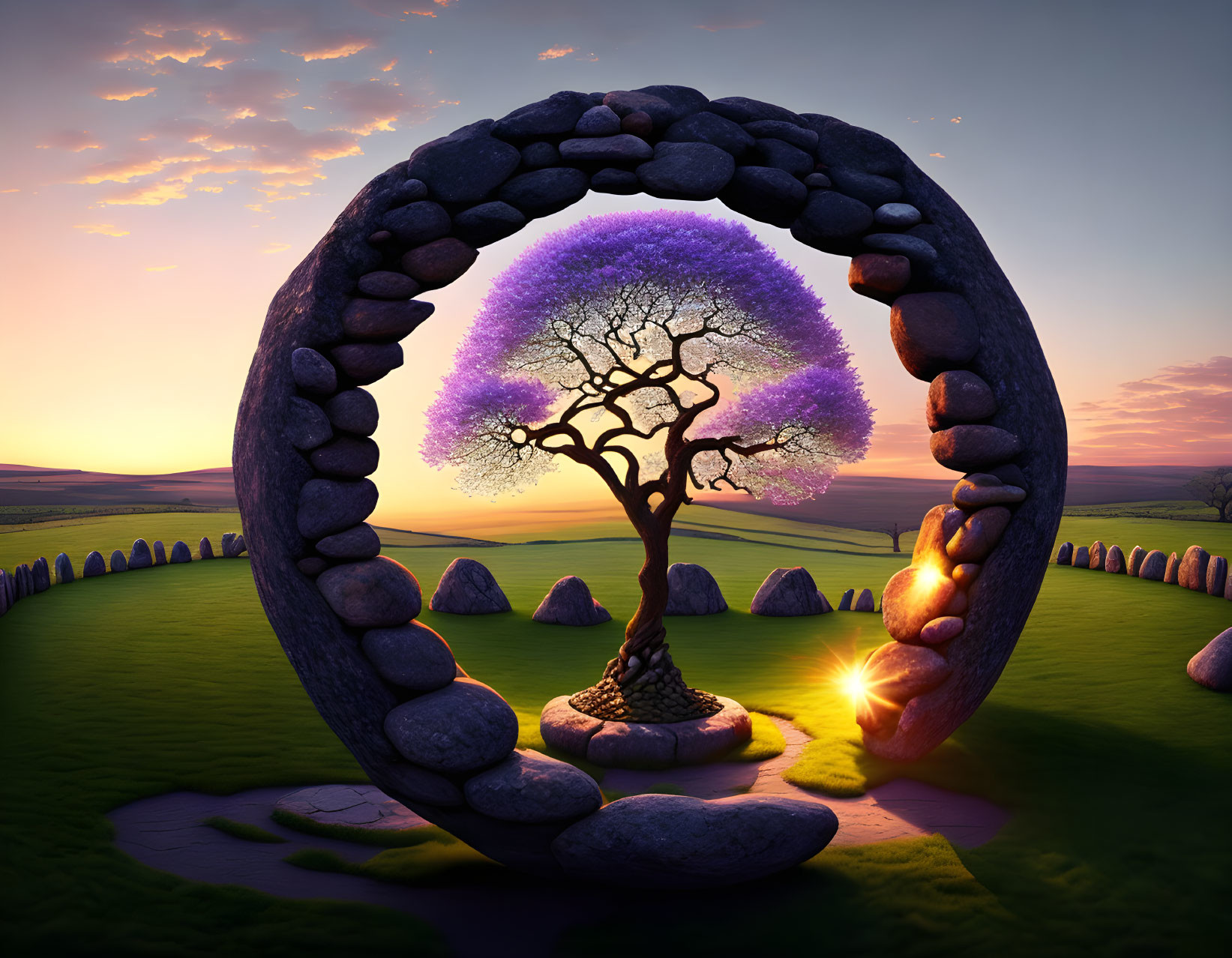 Mystical stone arch frames glowing tree in lush meadow at dusk