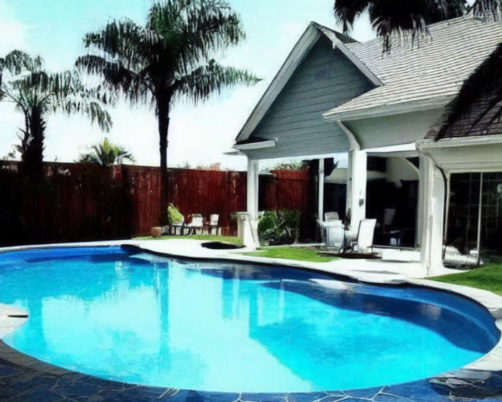 Tranquil backyard with blue pool, palm trees, wooden fence, and pool house