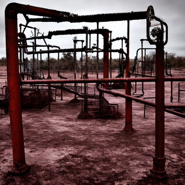 Abandoned rusty industrial pipes and frameworks in barren landscape